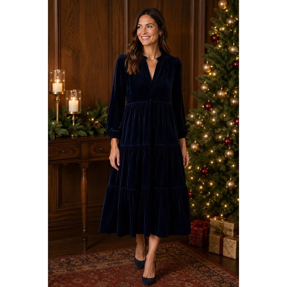 Madison Mathews Velvet Midi Dress Blue Size M Holiday Christmas Tiered